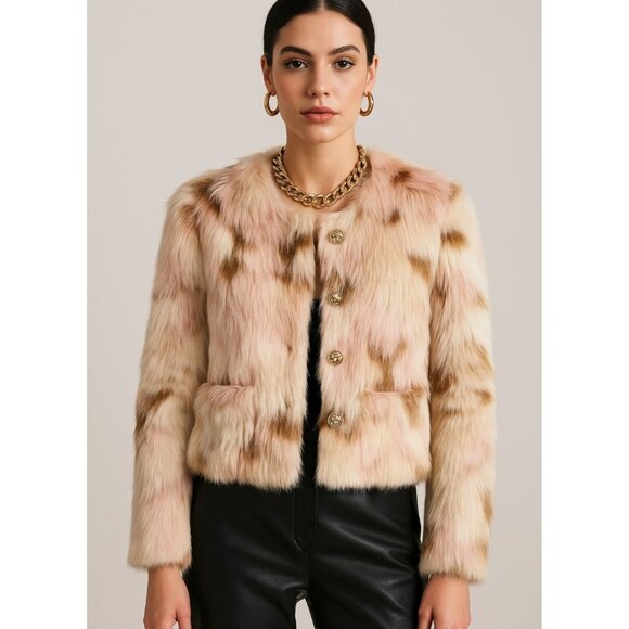 NIMO WANG Faux Fur Jacket Multicolor Pink Brown White |Boho Statement Outerwear - Picture 1 of 15